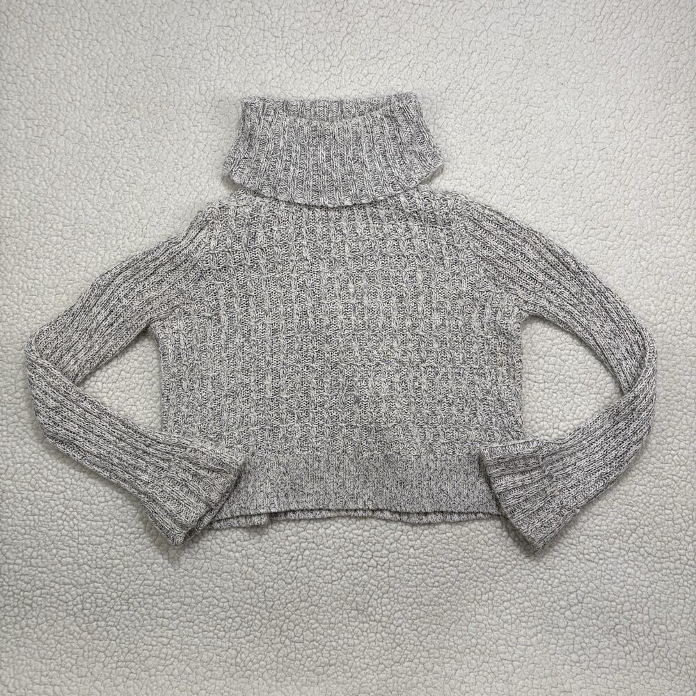 Free People Twist Cable Turtleneck Sweater M Marled Ivory Crop‎ Knit Bell Sleeve